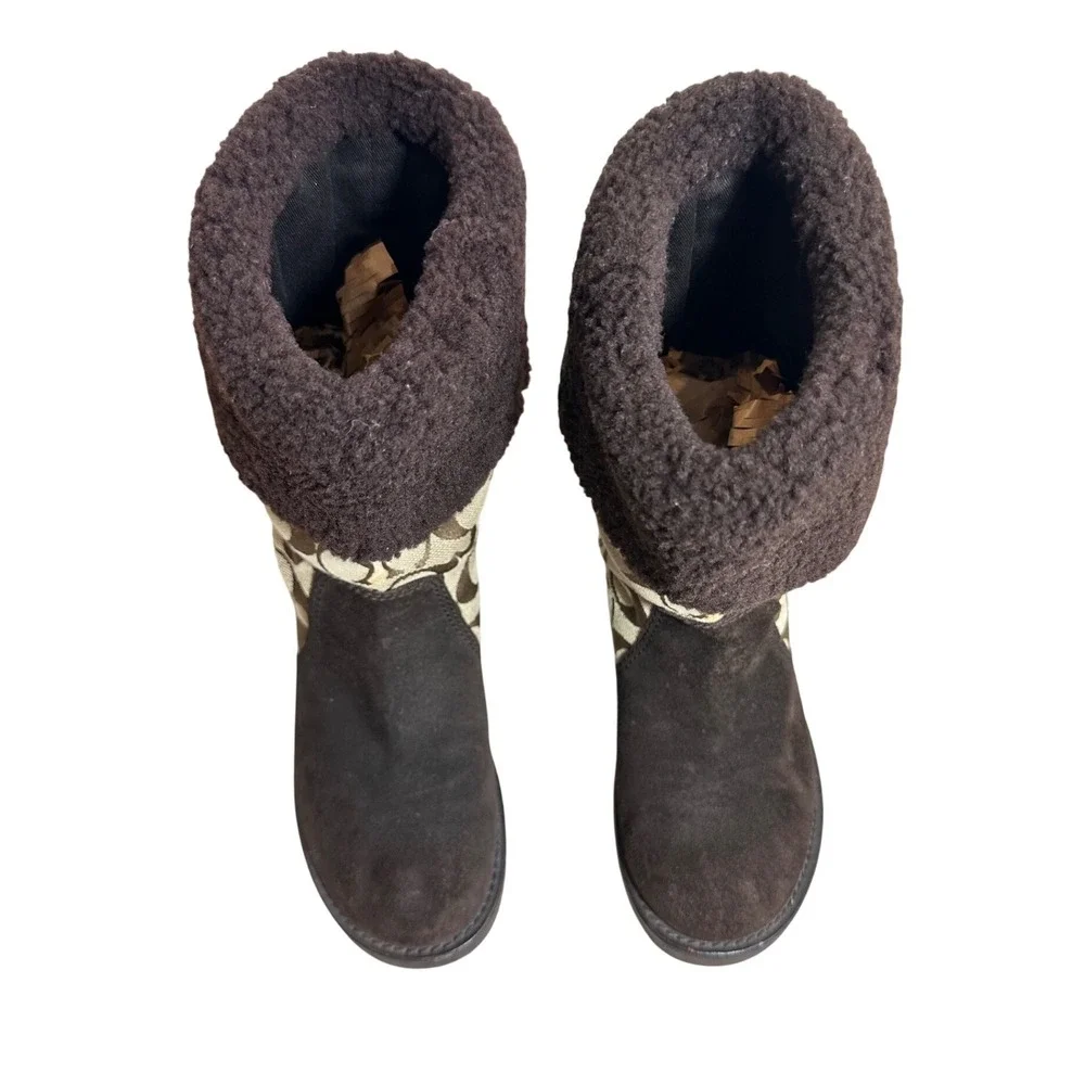 Coach Kally Signature Suede Winter Boots Women Brown Khaki Faux Fur Good 6.5 B - Picture 5 of 16
